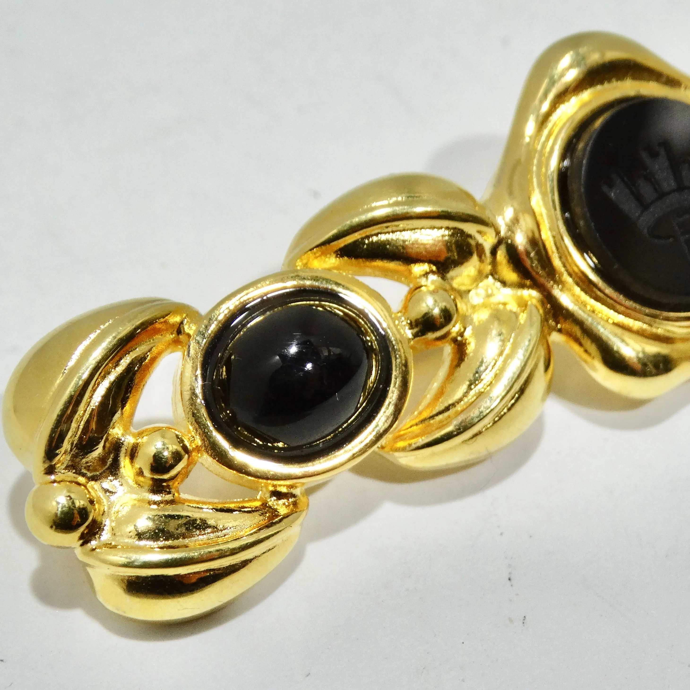Fendi 1980s Black FF Glass Gold Tone Brooch