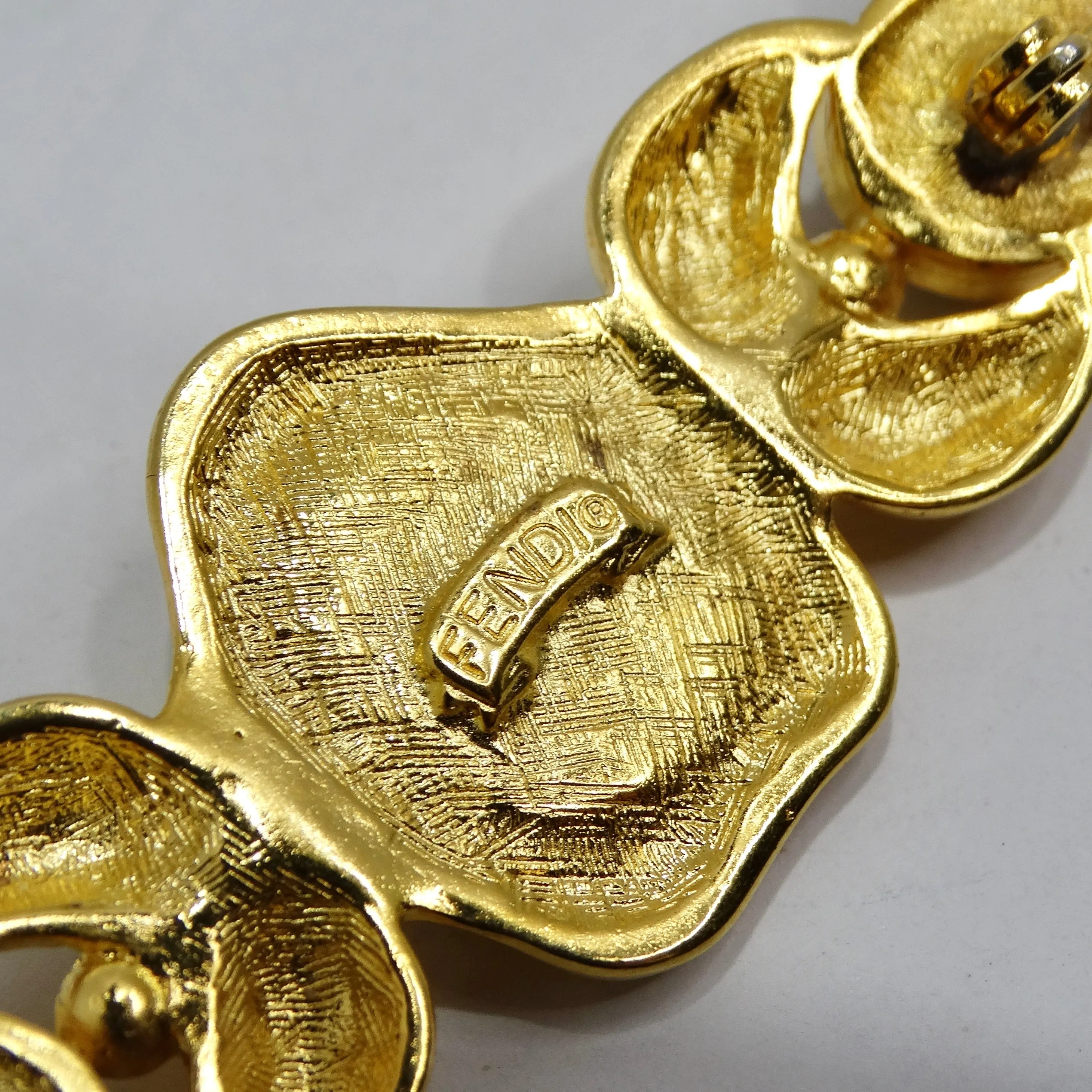 Fendi 1980s Black FF Glass Gold Tone Brooch