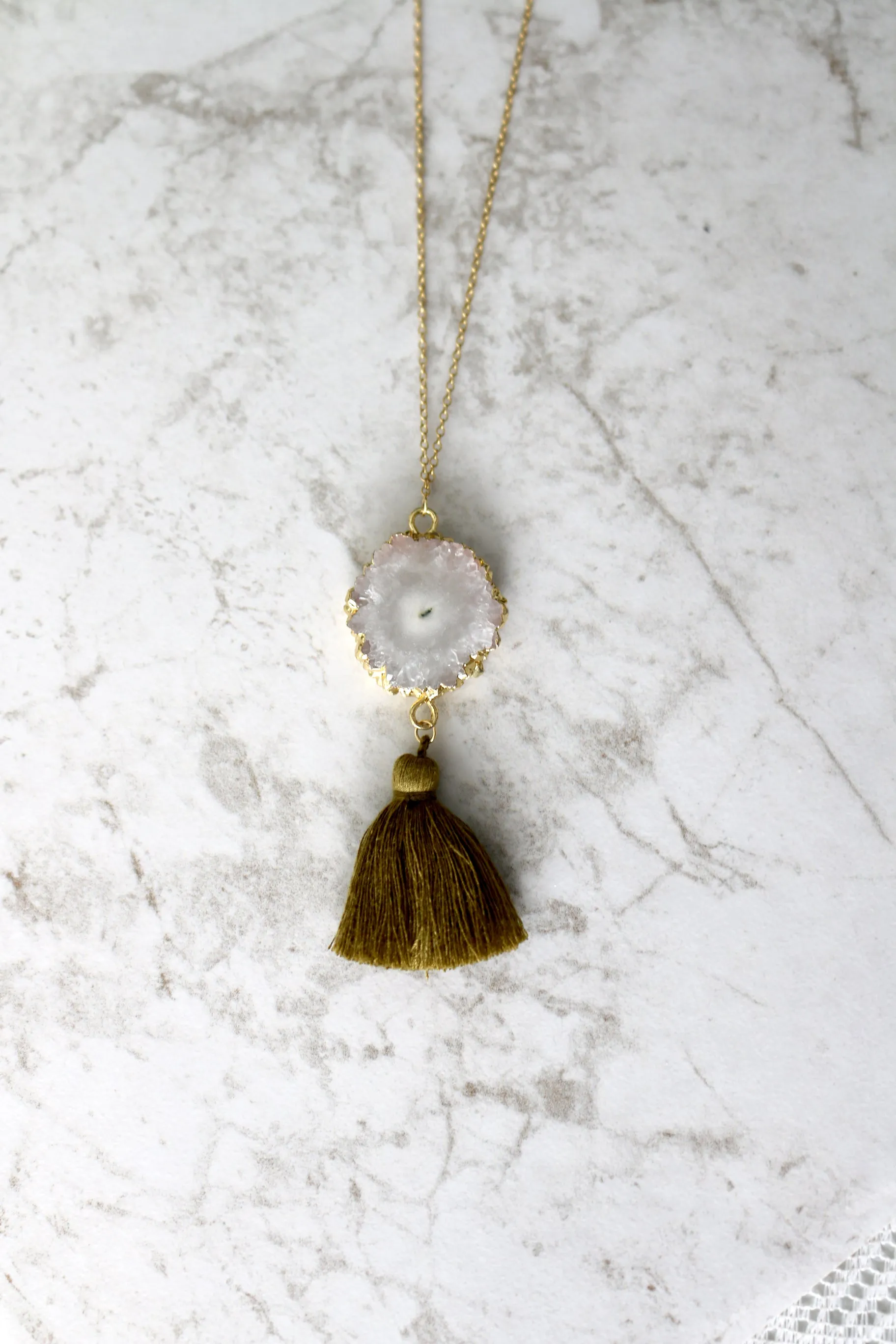 Fringe Strength / White Druzy Tassel Necklace, Unique Necklace, Gold Filled Chain // BH-N029