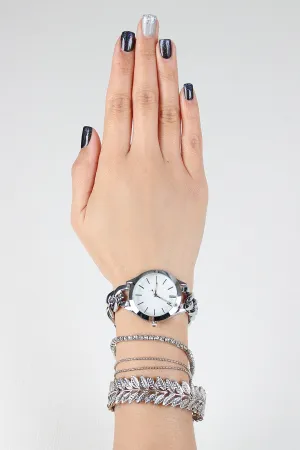 Glossy Curb Link Chain Watch And Leaves Bracelets Set