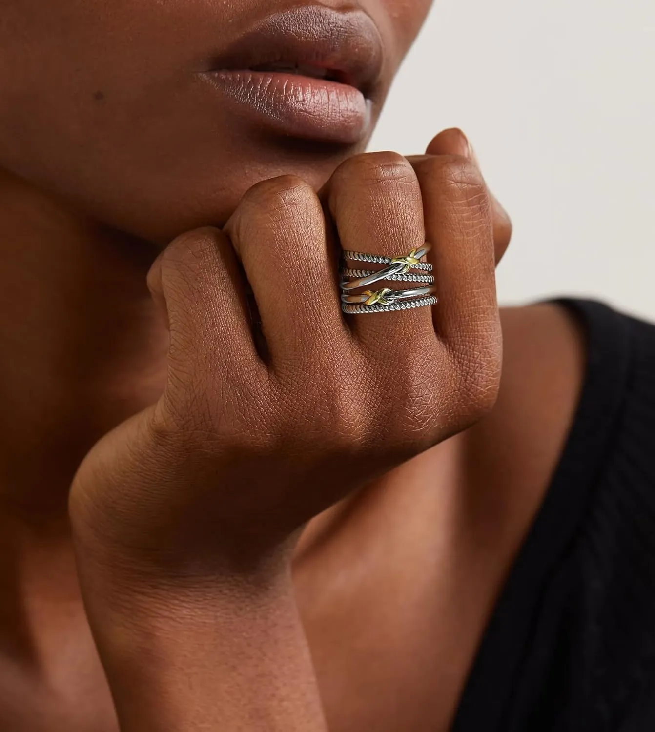 Gold and Silver Rings for Women, Fashion Vintage Two Tone Twisted Cable Statement Crossover Rings Retro Band Designer Jewelry Gifts for Her