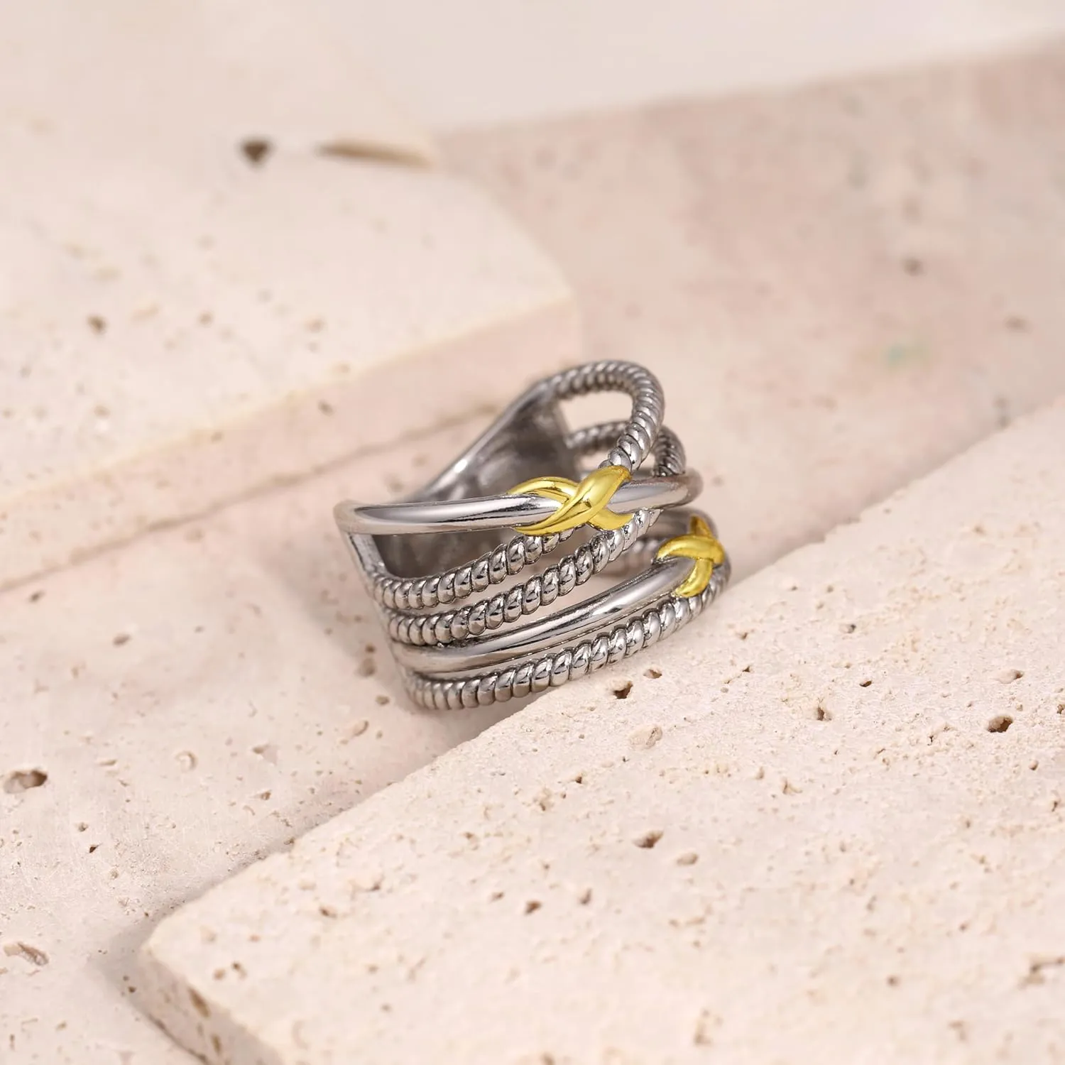 Gold and Silver Rings for Women, Fashion Vintage Two Tone Twisted Cable Statement Crossover Rings Retro Band Designer Jewelry Gifts for Her