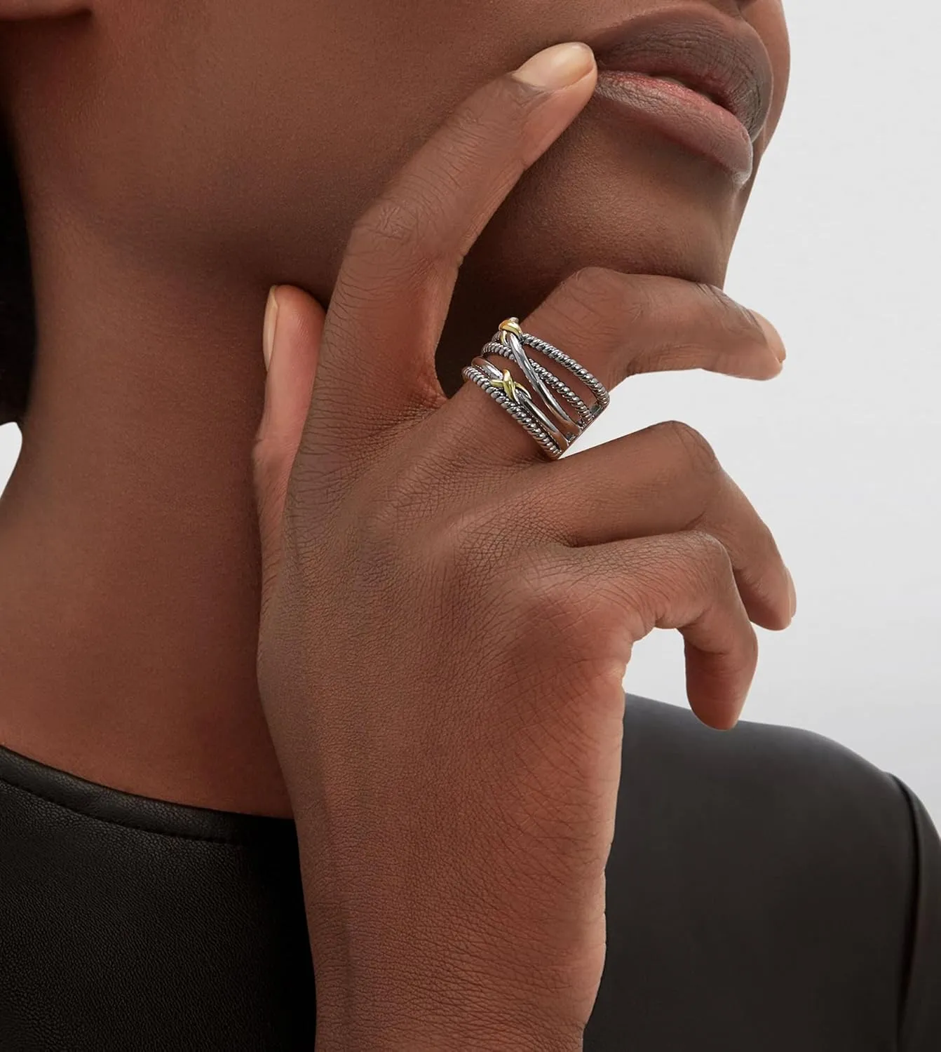 Gold and Silver Rings for Women, Fashion Vintage Two Tone Twisted Cable Statement Crossover Rings Retro Band Designer Jewelry Gifts for Her