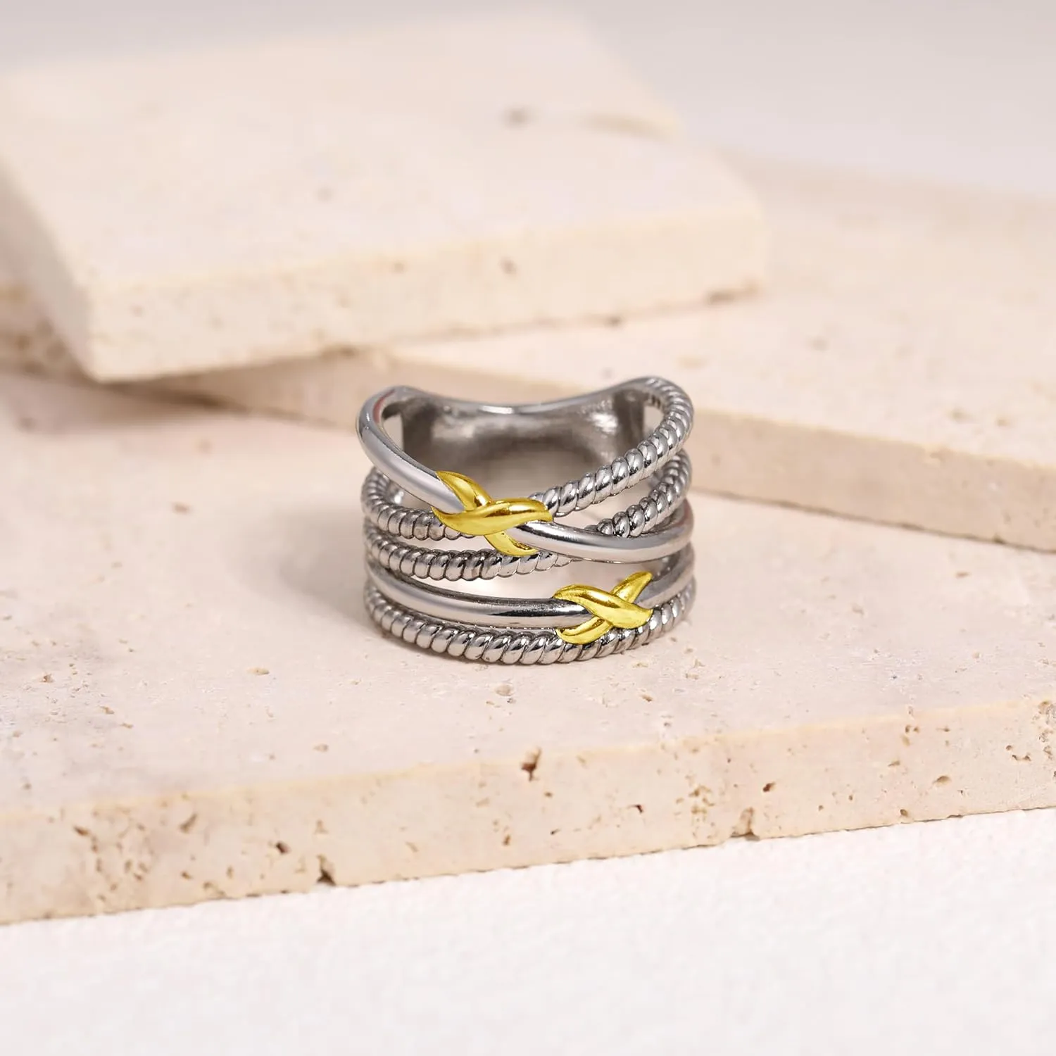 Gold and Silver Rings for Women, Fashion Vintage Two Tone Twisted Cable Statement Crossover Rings Retro Band Designer Jewelry Gifts for Her