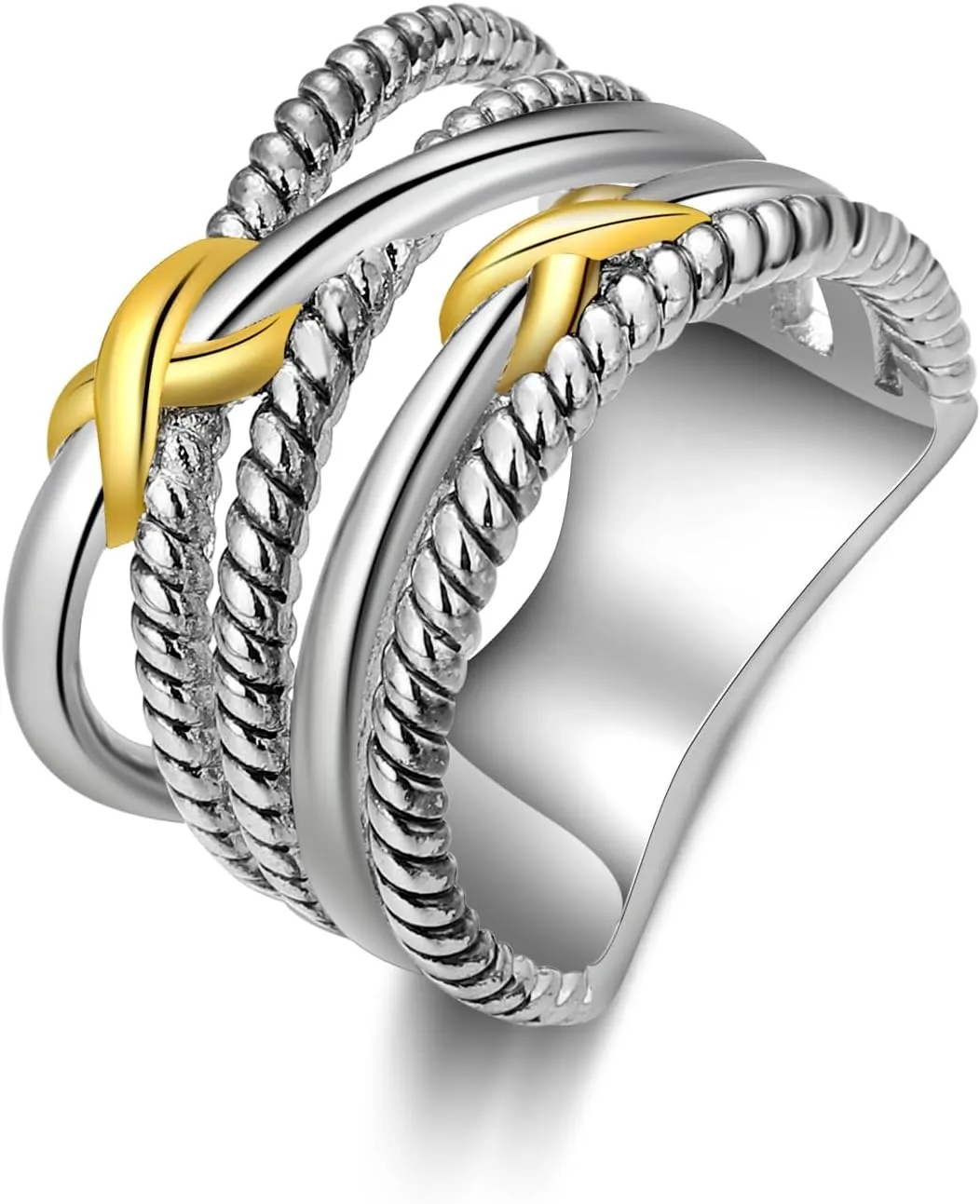 Gold and Silver Rings for Women, Fashion Vintage Two Tone Twisted Cable Statement Crossover Rings Retro Band Designer Jewelry Gifts for Her