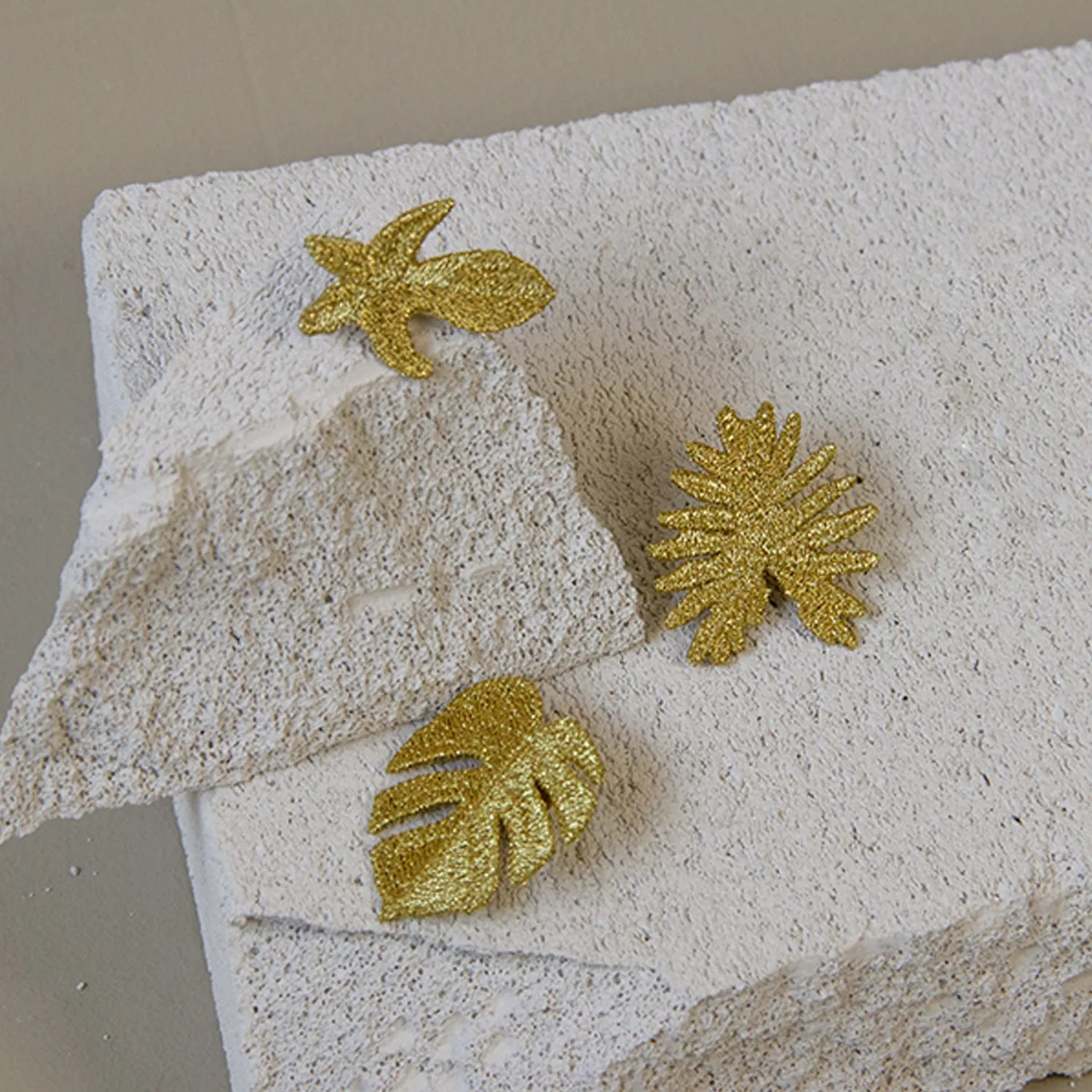 Golden Tropical Leaves Embroidered Brooches - Set of 3