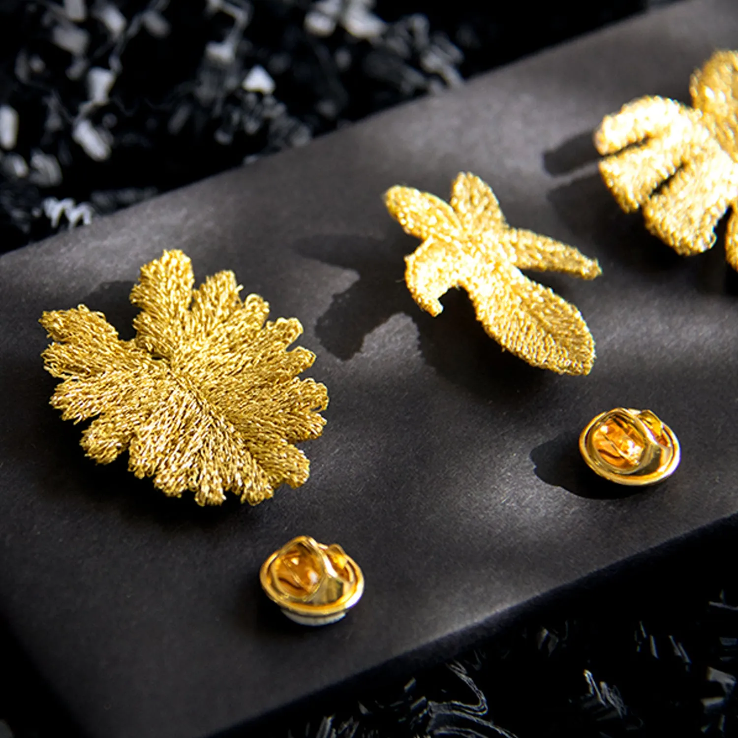 Golden Tropical Leaves Embroidered Brooches - Set of 3