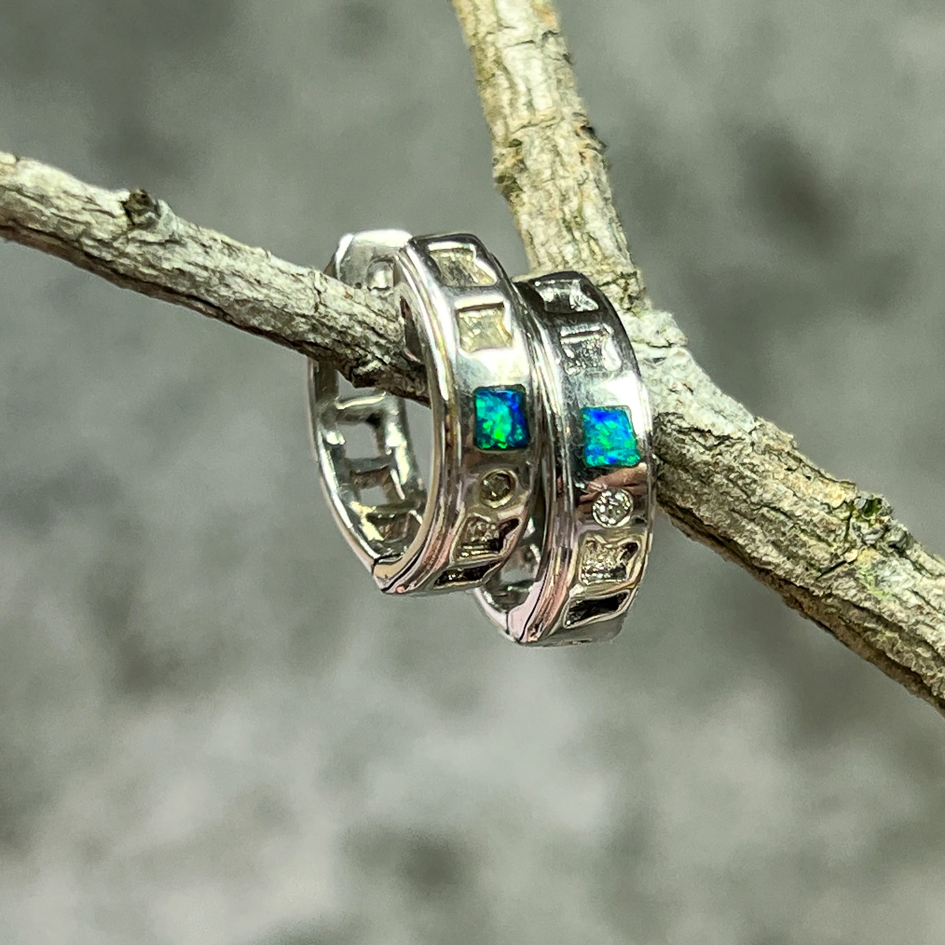 Handmade Opal Inlay Huggies, Sterling Silver Earrings - Dainty Studs, Minimalist Opal Jewelry, Cute Gift for Her, Birthstone Earrings