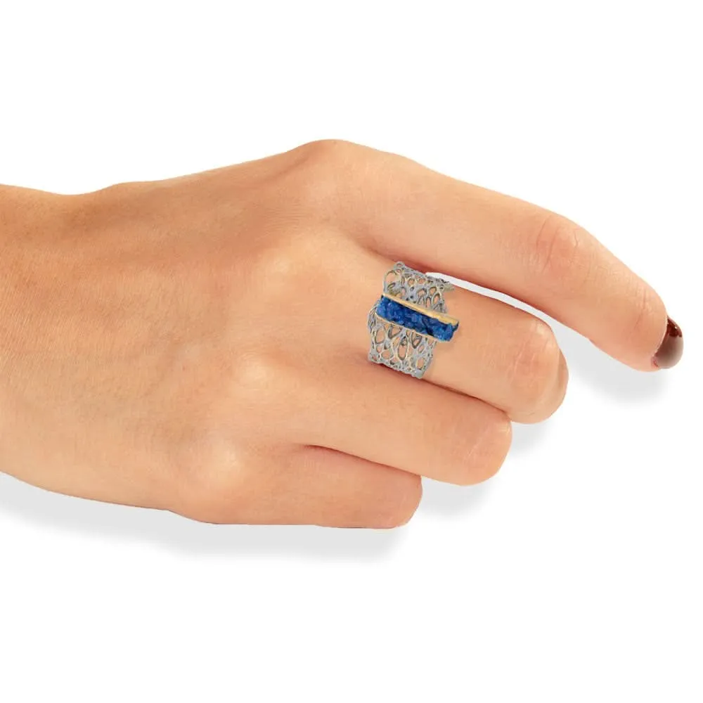 Handmade Silver Plated Ring Diamond Curved With Light Blue Crystals