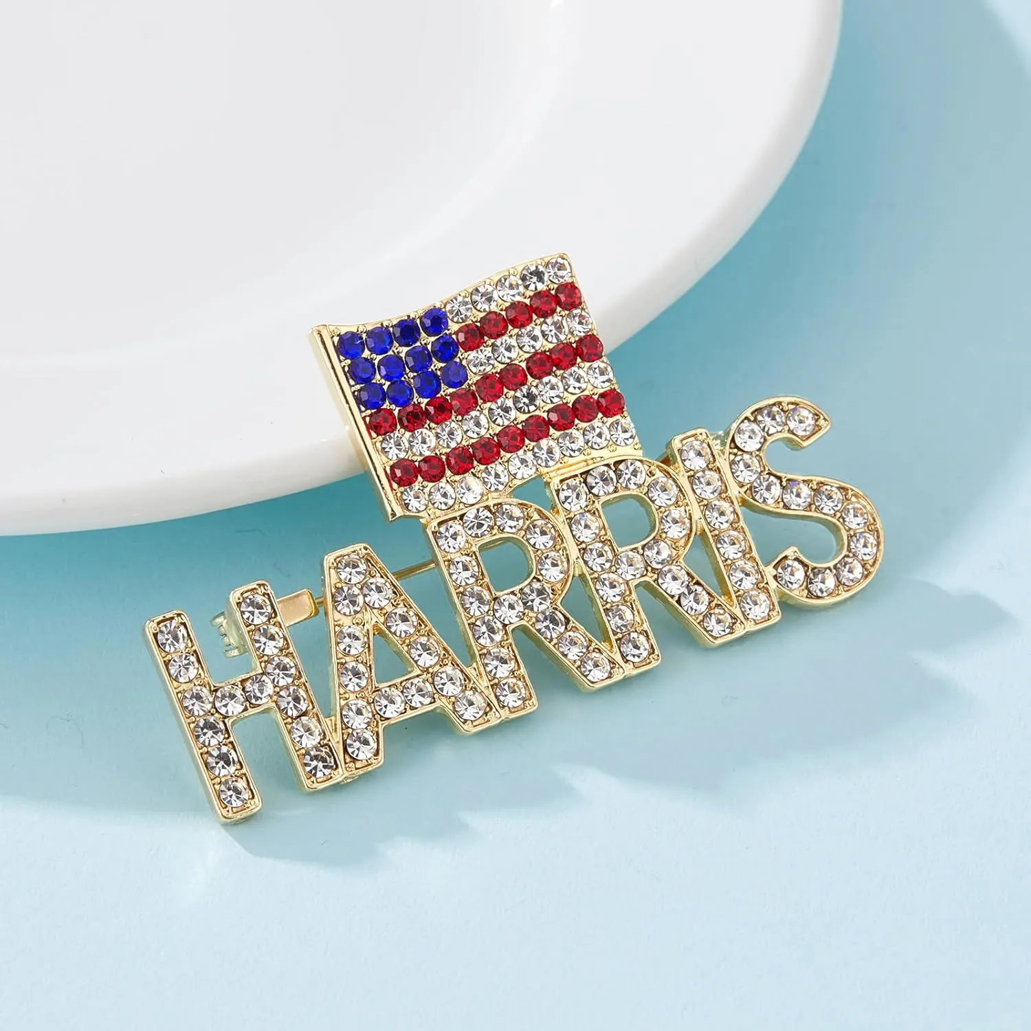 Harris Pin with USA Flag, Crystal Harris Lapel Brooch Memorabilia Gift for 2024 United States Presidential Election