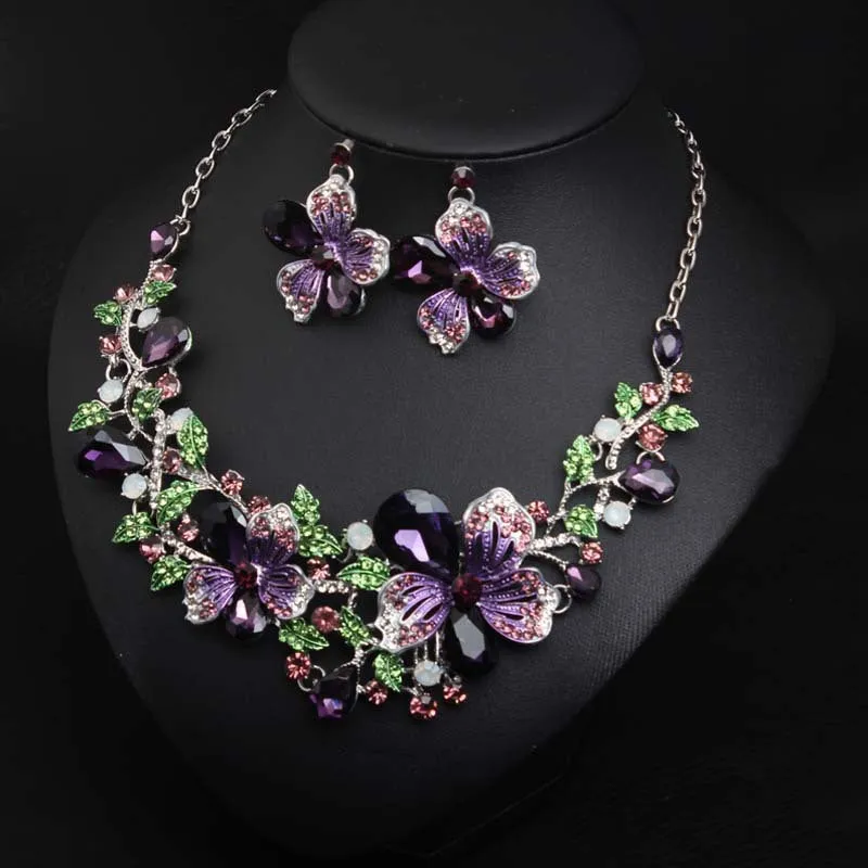 Jewelry Classice Fashion women's wedding jewelry sets colorful Enamel flower necklace with earring accessory