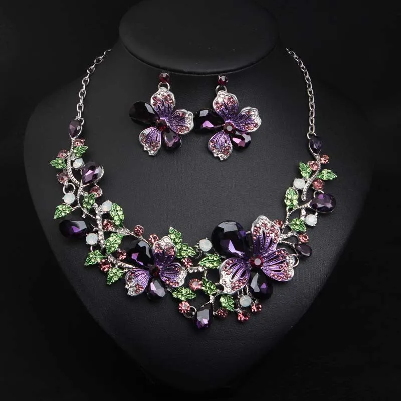Jewelry Classice Fashion women's wedding jewelry sets colorful Enamel flower necklace with earring accessory