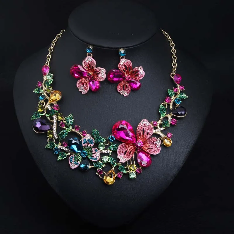 Jewelry Classice Fashion women's wedding jewelry sets colorful Enamel flower necklace with earring accessory