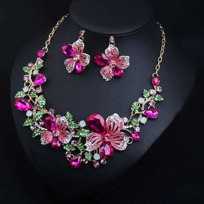 Jewelry Classice Fashion women's wedding jewelry sets colorful Enamel flower necklace with earring accessory