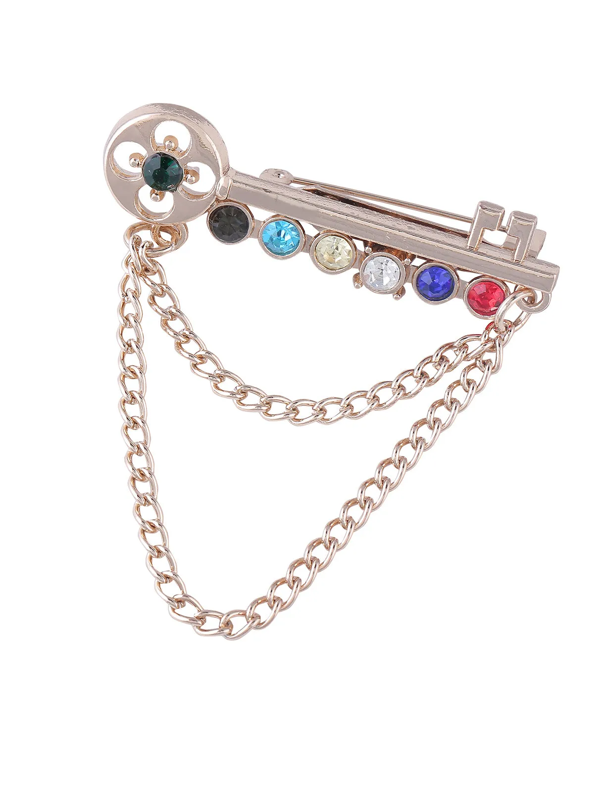 Key Shaped Multicolored Brooch with Chain Hanging