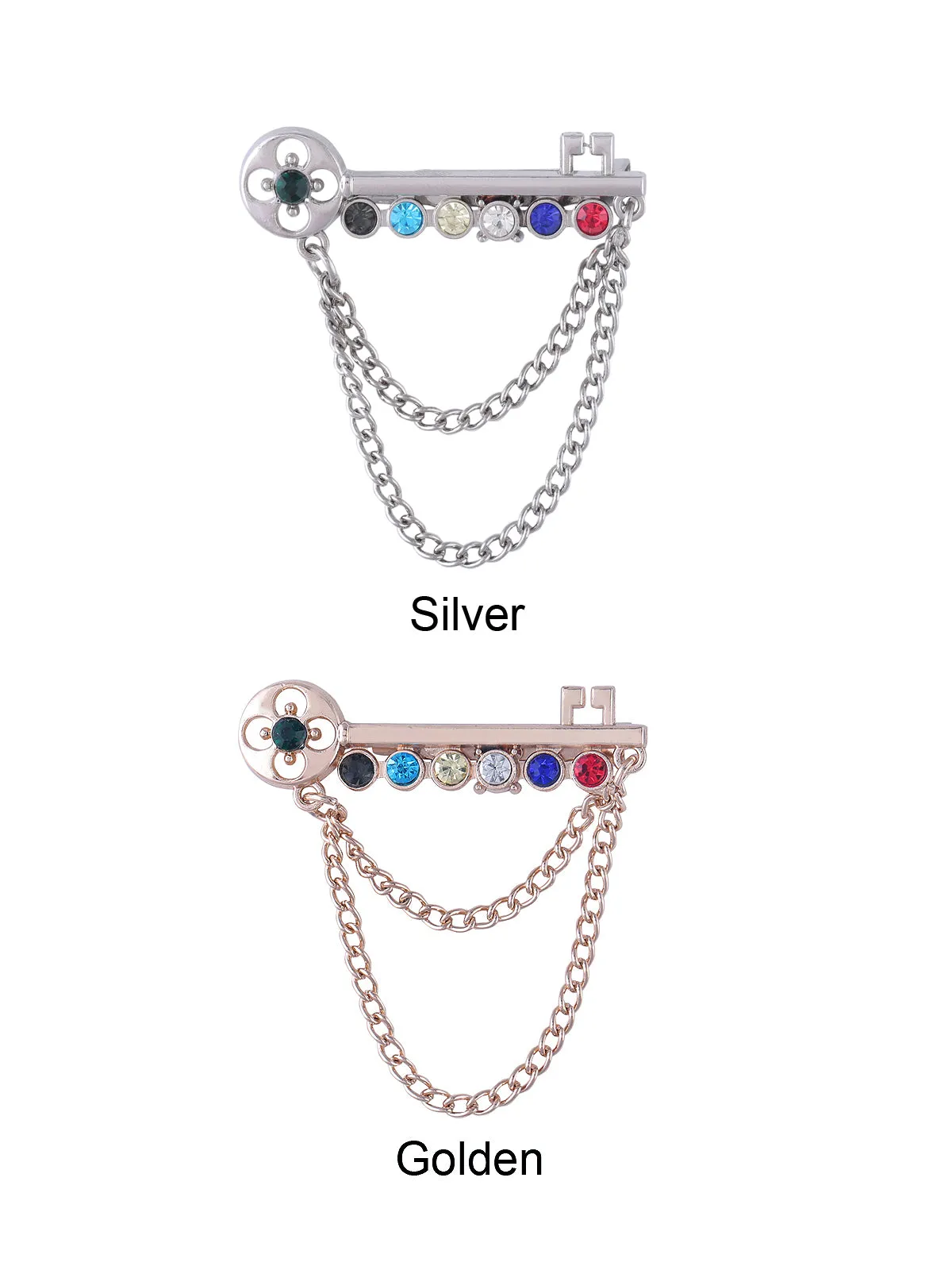Key Shaped Multicolored Brooch with Chain Hanging