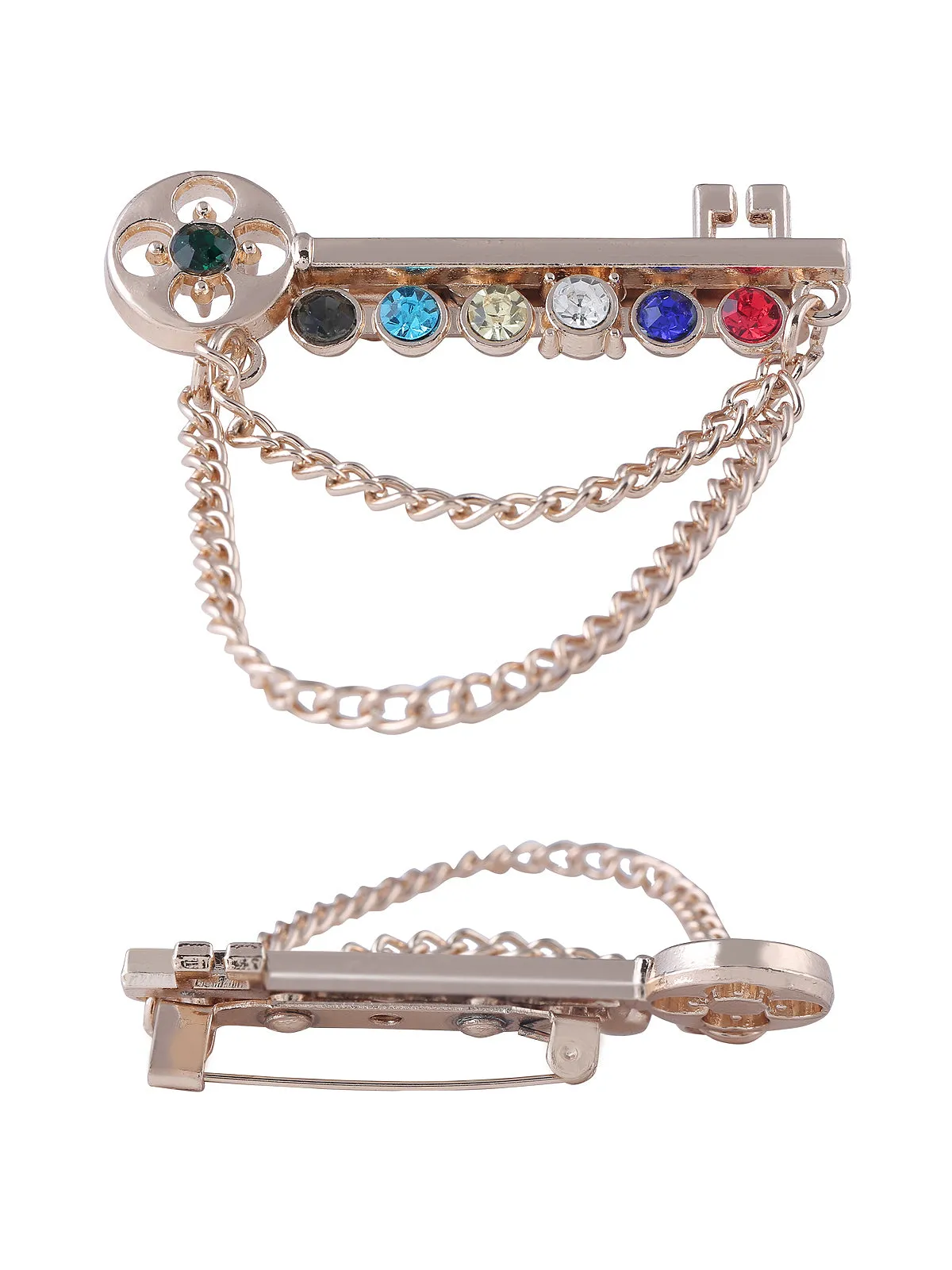 Key Shaped Multicolored Brooch with Chain Hanging
