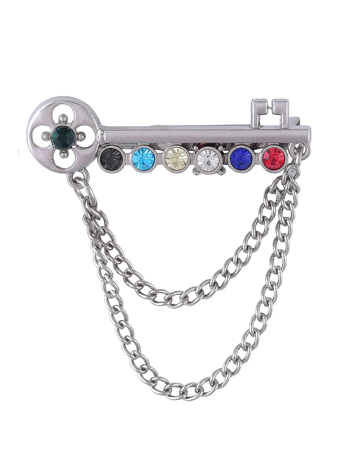 Key Shaped Multicolored Brooch with Chain Hanging