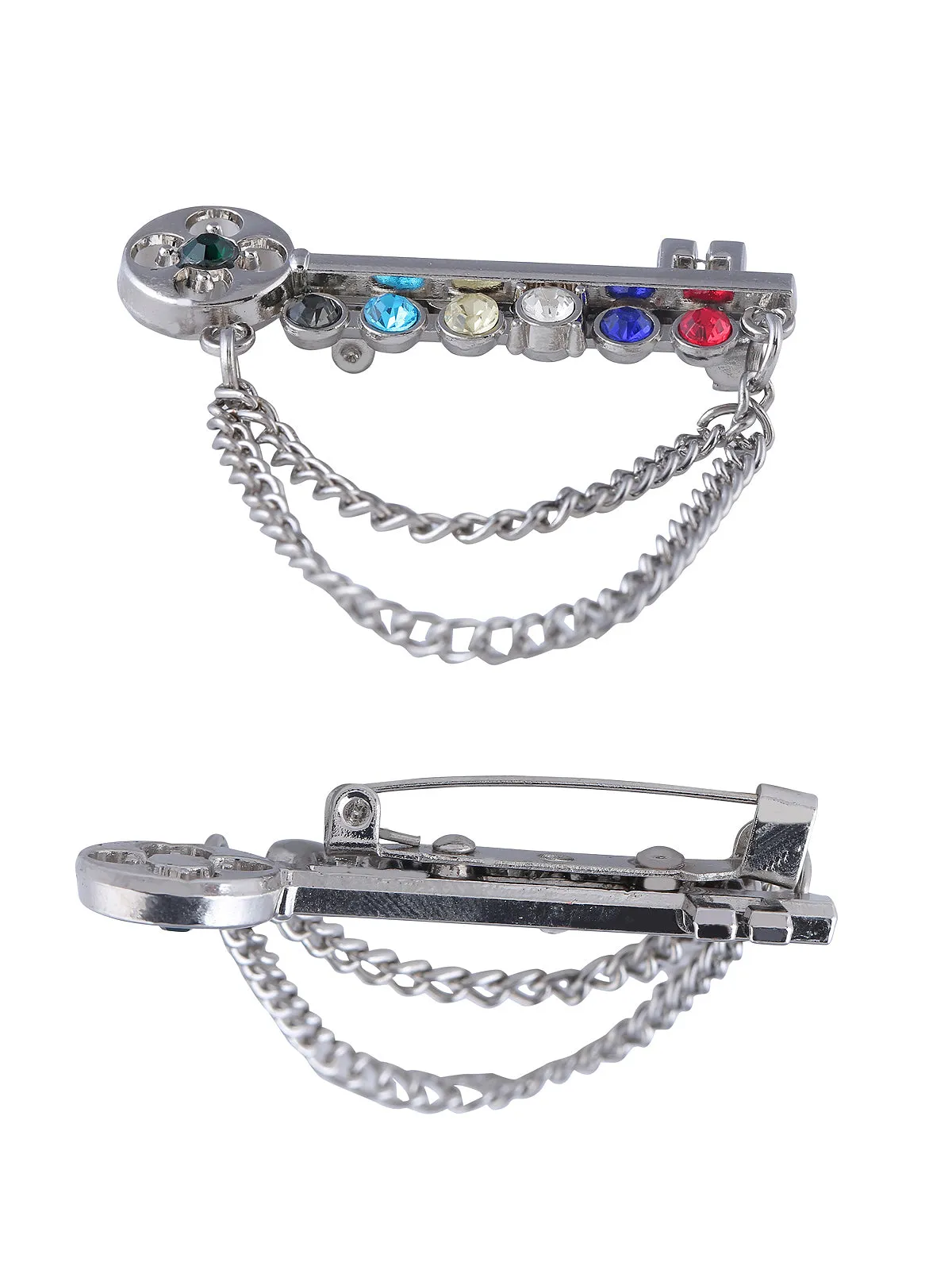 Key Shaped Multicolored Brooch with Chain Hanging