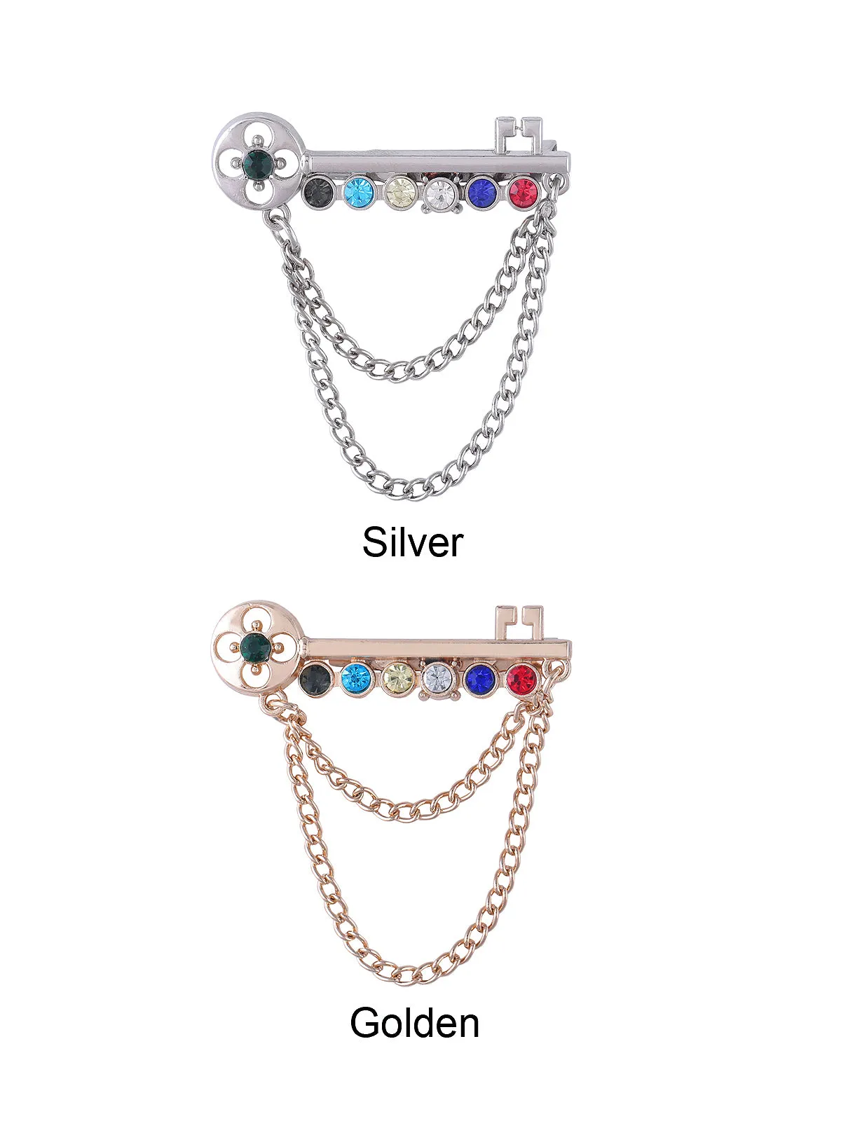 Key Shaped Multicolored Brooch with Chain Hanging