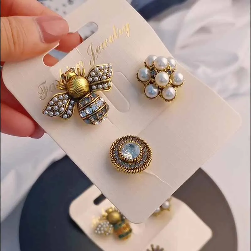 Korean 3pcs/set brooch pins bee pearl rhinestone brooch