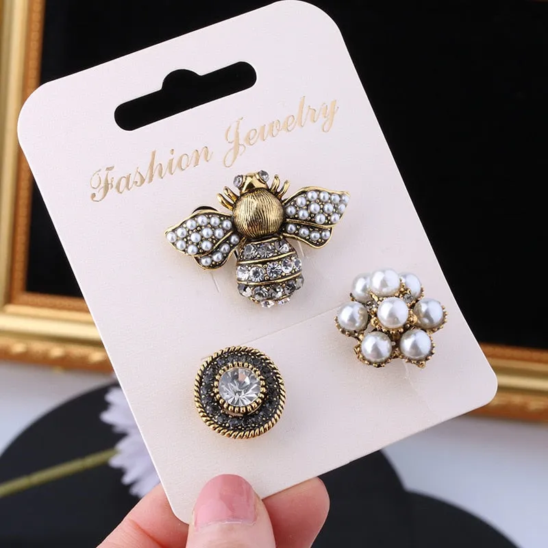 Korean 3pcs/set brooch pins bee pearl rhinestone brooch