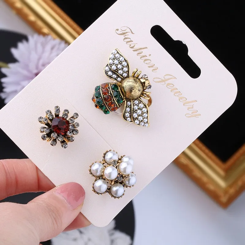 Korean 3pcs/set brooch pins bee pearl rhinestone brooch