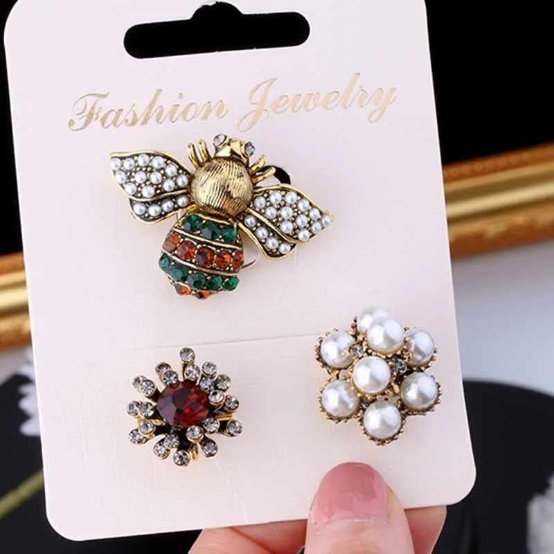 Korean 3pcs/set brooch pins bee pearl rhinestone brooch