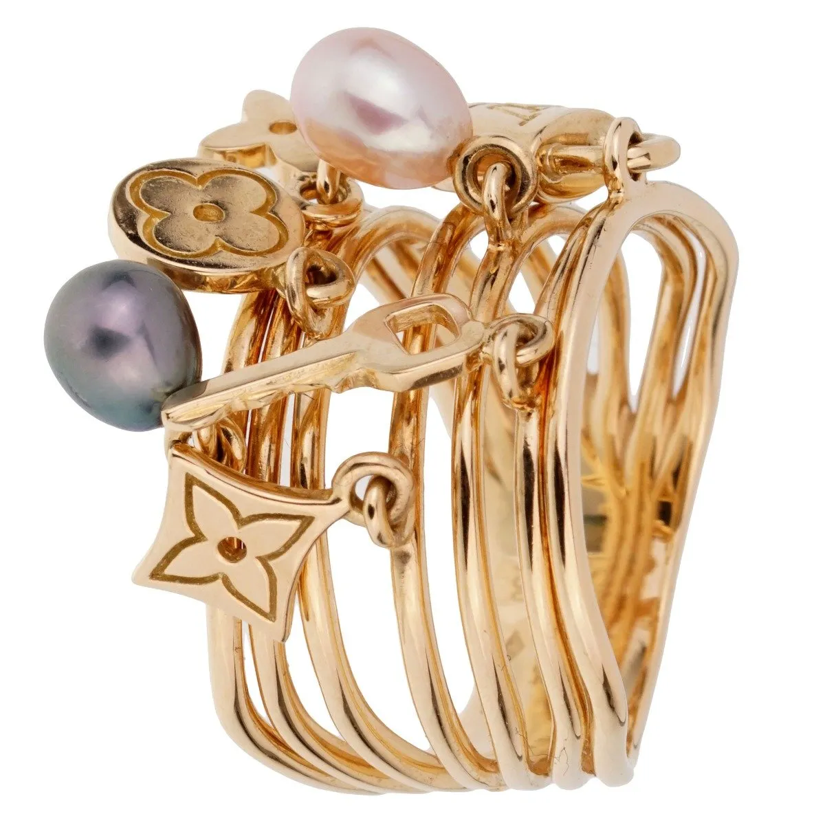 Louis Vuitton Monogram Pearl Cocktail Yellow Gold Ring Sz 6 1/2