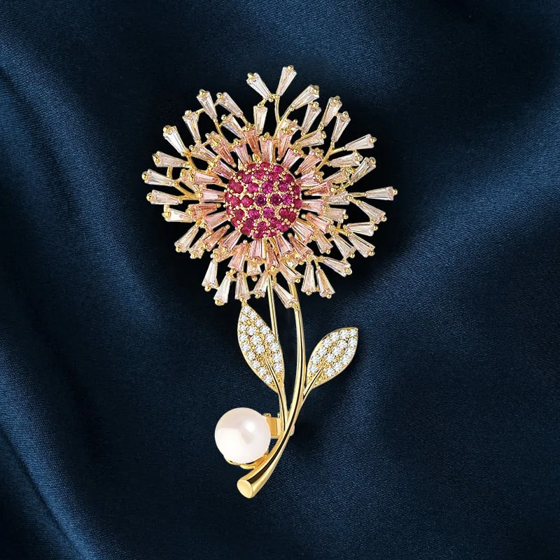 Luxury Copper Micro-Set Cubic Zirconia Dandelion Brooch Female Suit Shiny Accessories Gift
