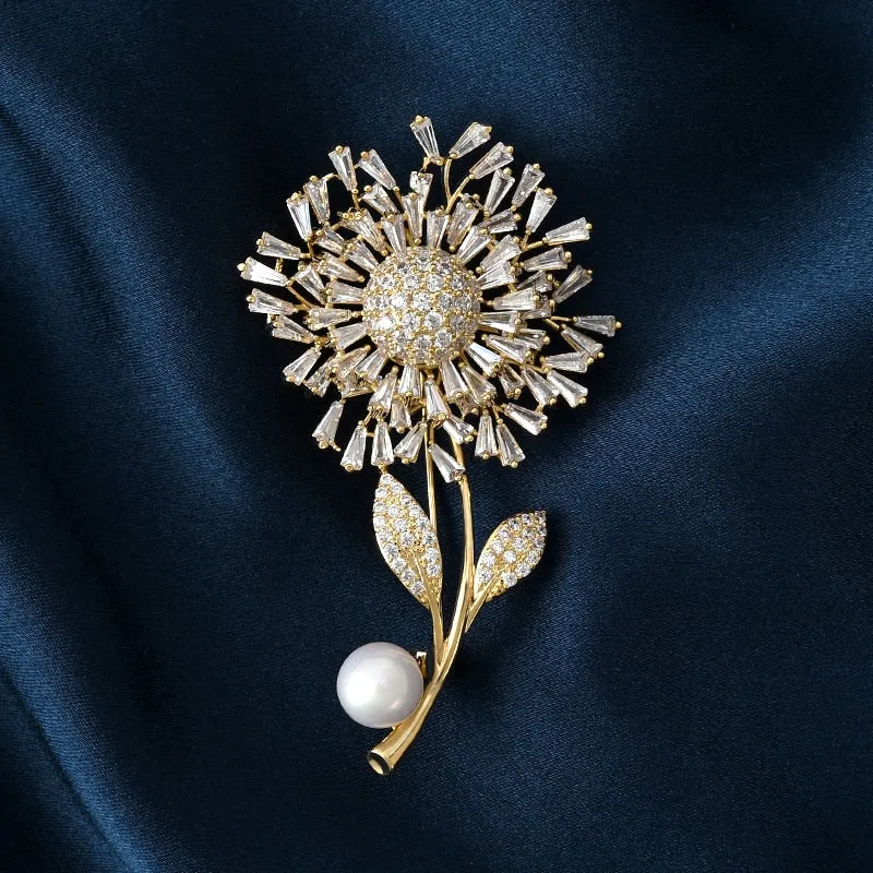 Luxury Copper Micro-Set Cubic Zirconia Dandelion Brooch Female Suit Shiny Accessories Gift