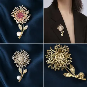 Luxury Copper Micro-Set Cubic Zirconia Dandelion Brooch Female Suit Shiny Accessories Gift
