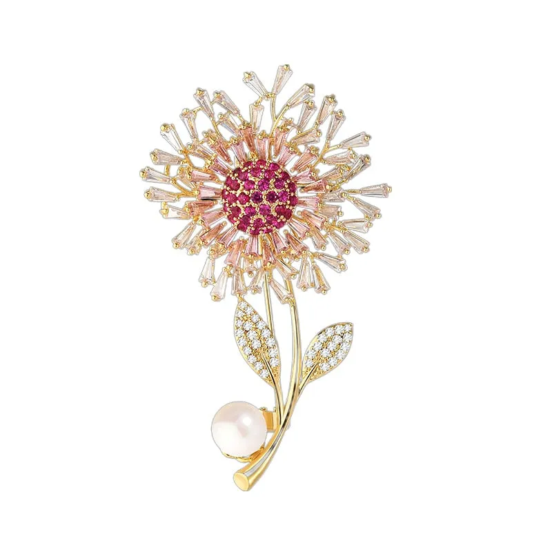 Luxury Copper Micro-Set Cubic Zirconia Dandelion Brooch Female Suit Shiny Accessories Gift