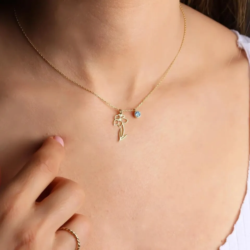 MARCH Birth Flower Necklace | Gold Plated Birthstone Necklace | Gifts for Her | Custom Flower Necklace | Charm Necklace | Women's Gift