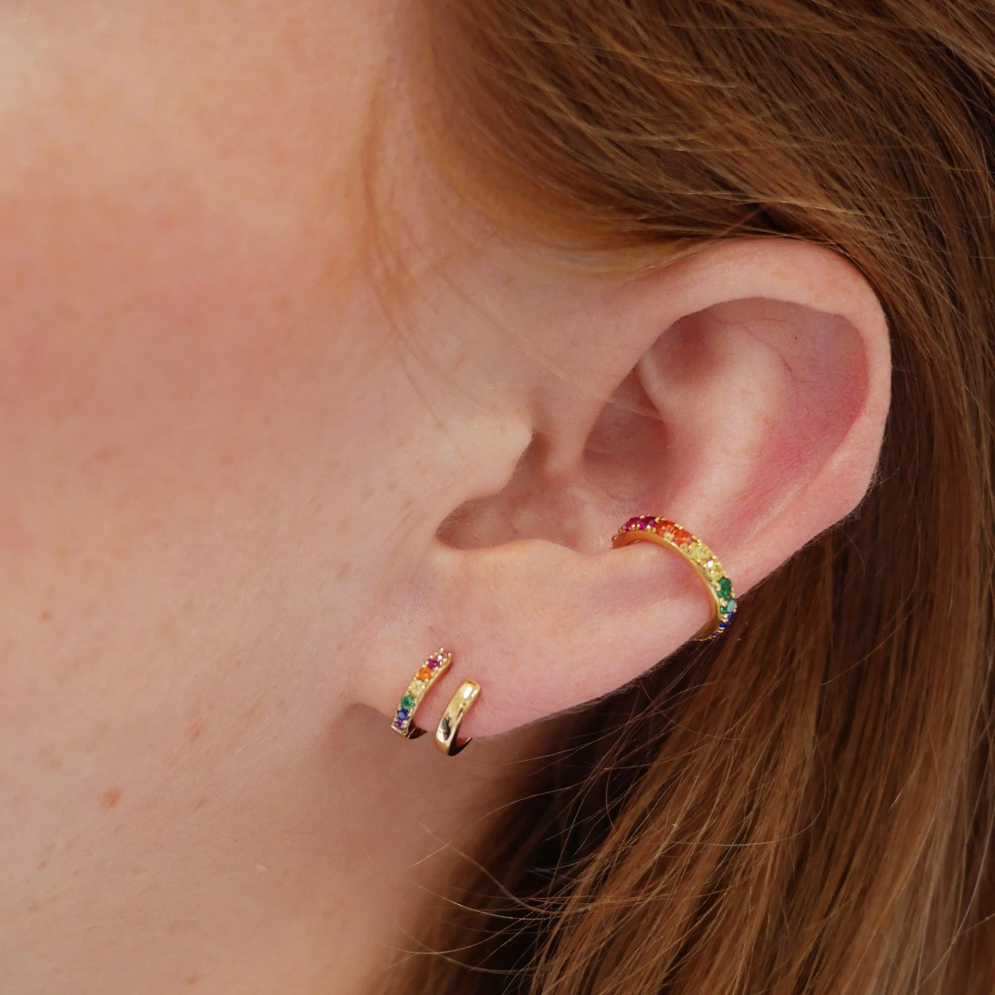 Mismatched Double Huggie Earrings with Rainbow Stones