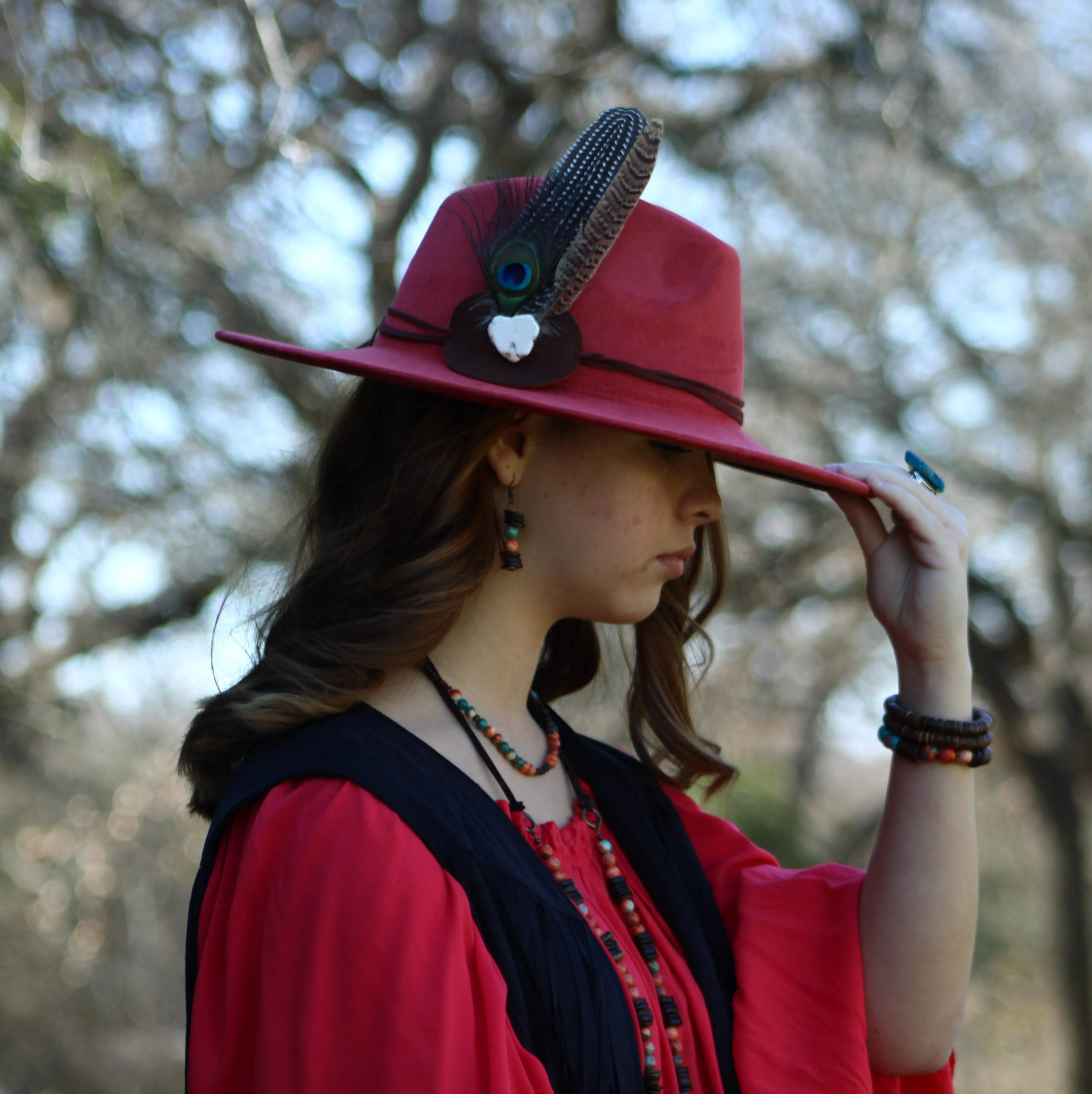 Multi-Colored Turquoise Necklace with Wood Beads and Leather Tassel 236B
