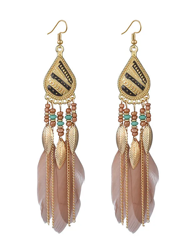 National Original Feather Tassels Beads 6 Colors Earrings