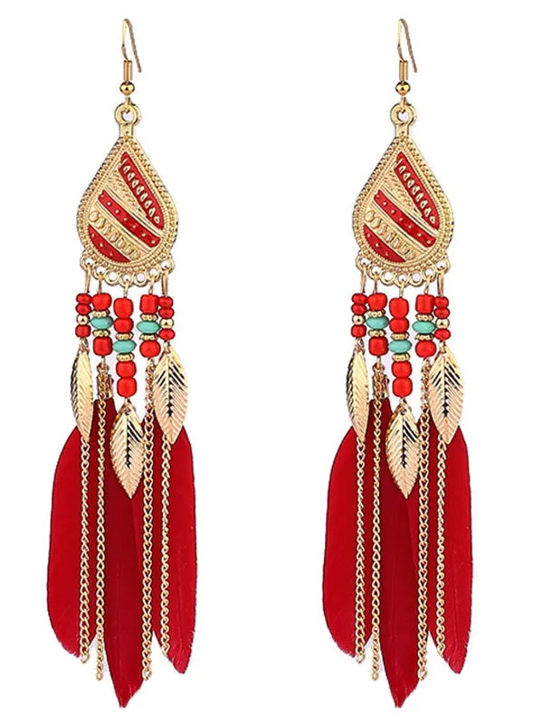 National Original Feather Tassels Beads 6 Colors Earrings