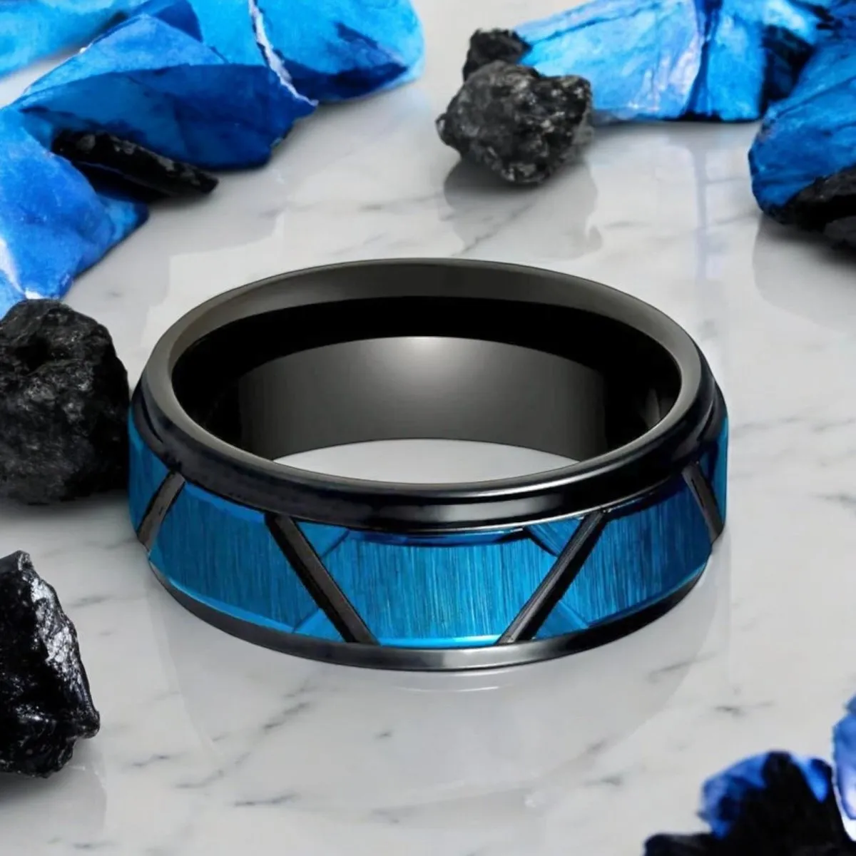 OBSCURA | Black Tungsten Ring, Blue and Black Trapezoids Design, Stepped Edge