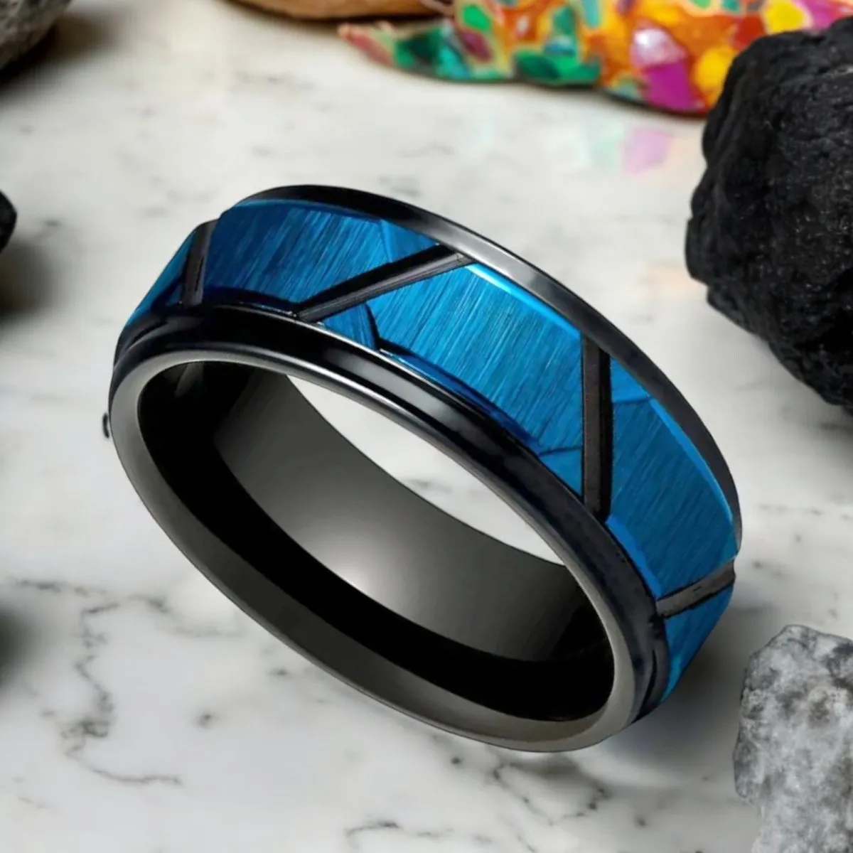 OBSCURA | Black Tungsten Ring, Blue and Black Trapezoids Design, Stepped Edge