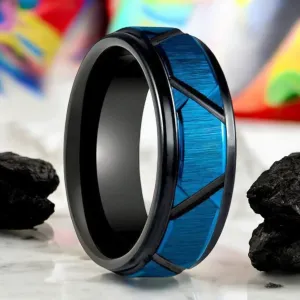 OBSCURA | Black Tungsten Ring, Blue and Black Trapezoids Design, Stepped Edge