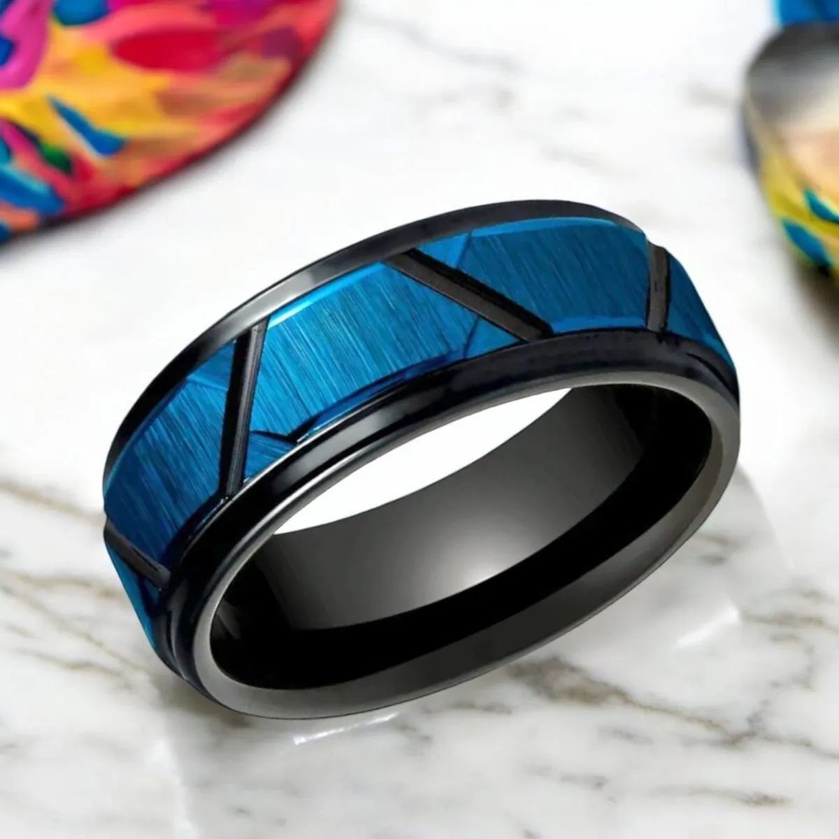 OBSCURA | Black Tungsten Ring, Blue and Black Trapezoids Design, Stepped Edge