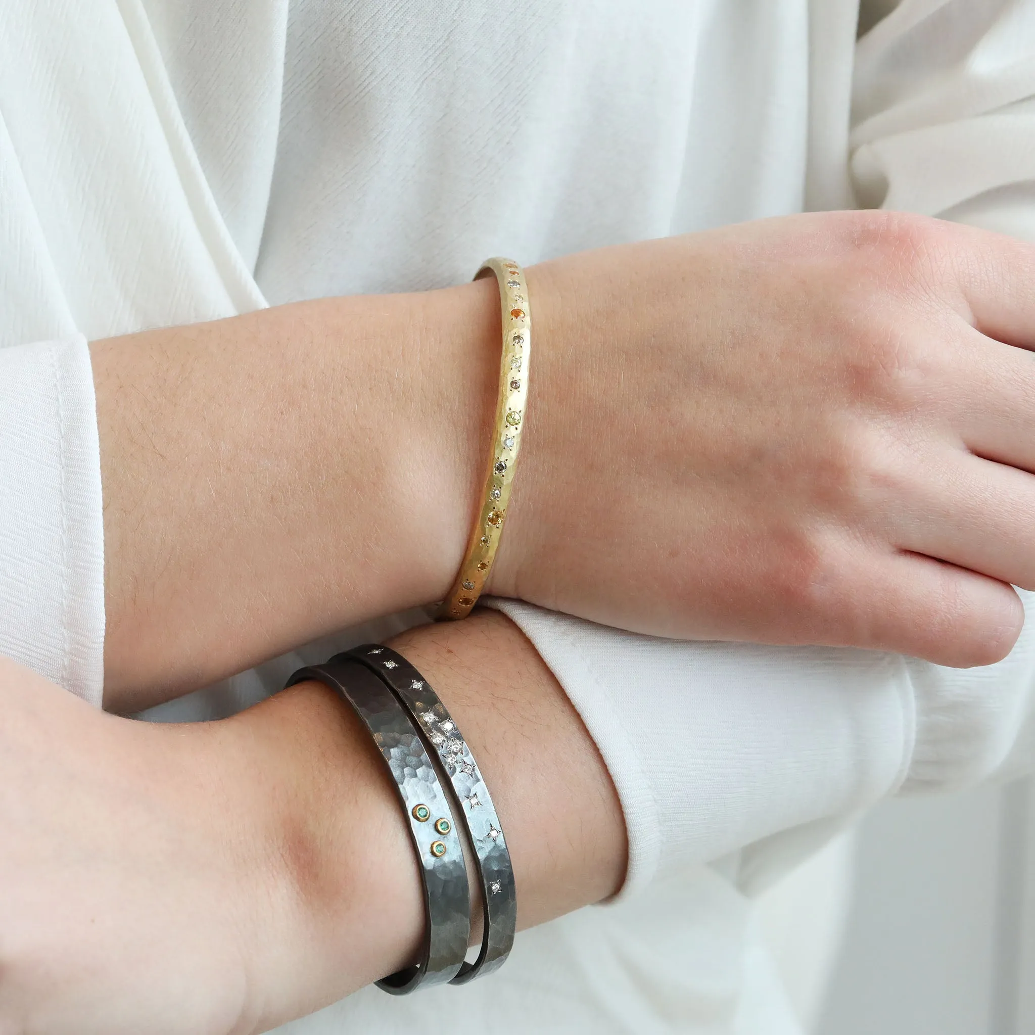 Oxidized Sterling Silver Cluster Hammered Cuff with 12 Diamonds