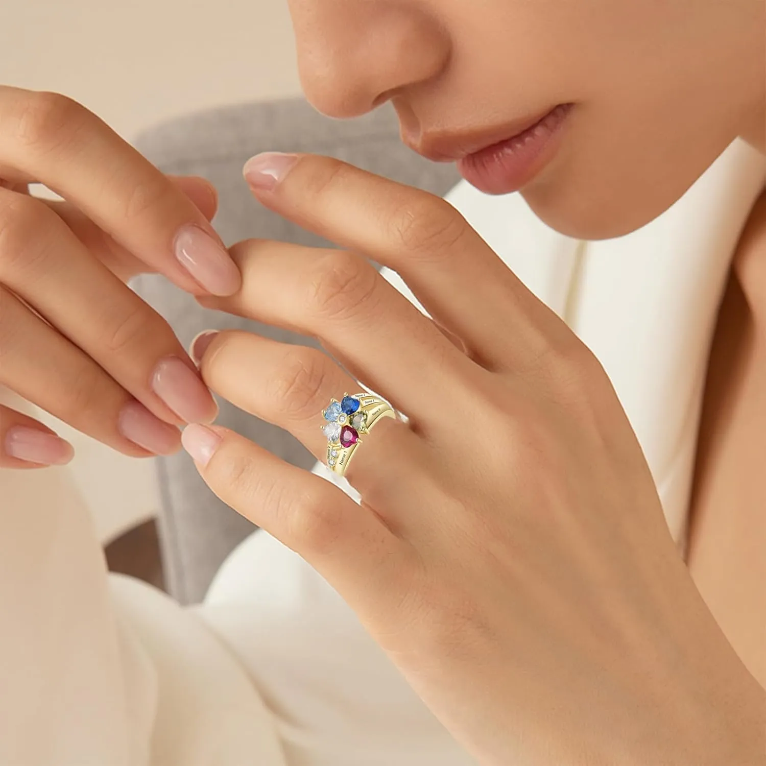 Personalized Moissanite Heart Name Rings with 2-6 CZ Birthstone, Sterling Silver Customized Birthstone Rings for Mom Women Jewelry for Women Mothers Day Birthday