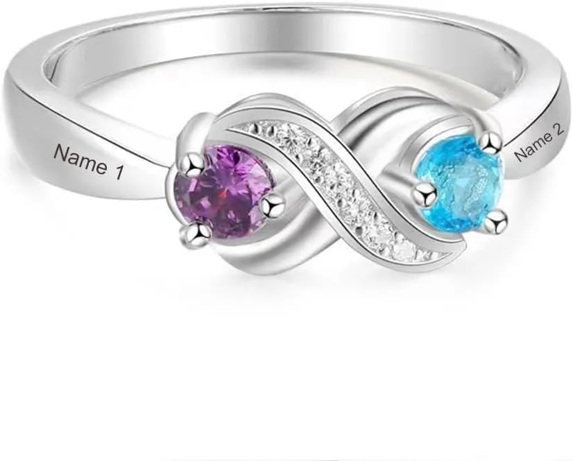 Personalized Moissanite Heart Name Rings with 2-6 CZ Birthstone, Sterling Silver Customized Birthstone Rings for Mom Women Jewelry for Women Mothers Day Birthday