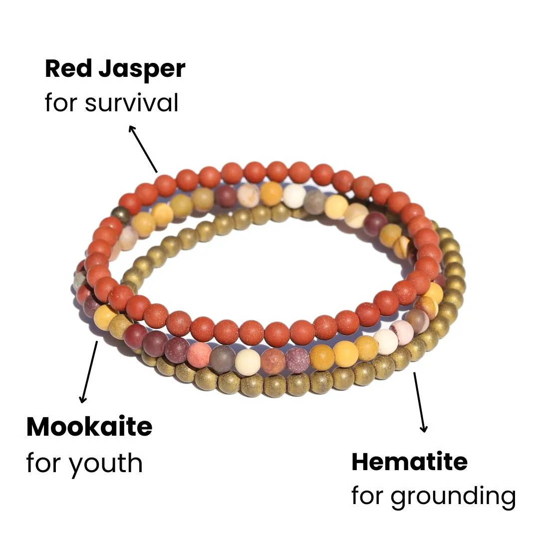 "Youth" Matte Red Jasper Mookaite & Hematite Bracelet Set