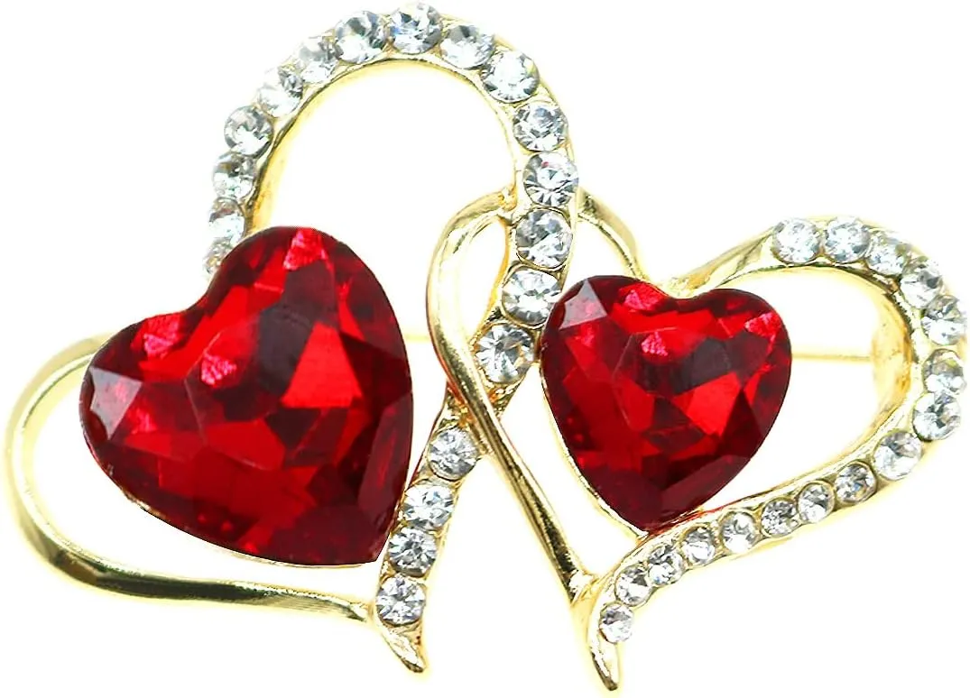 Red Double Heart Crystal Brooches Pins Rhinestone Love Heart Safety Brooch Fashion Elegant Jewelry for Women Girl Gift Gold Plated