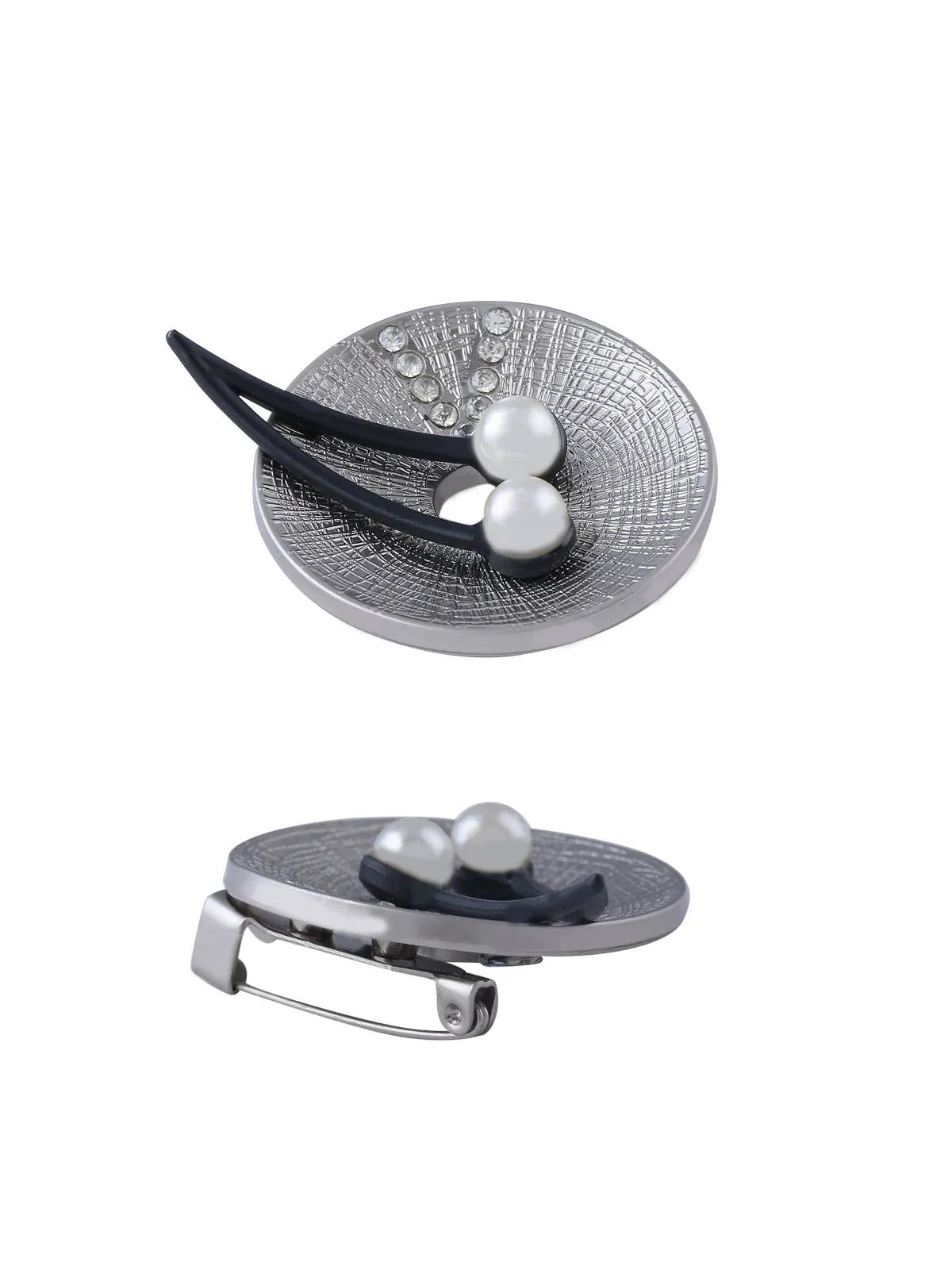 Shiny Silver Pearl & Diamond Round Shape Brooch