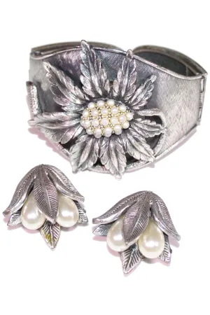 Signed Tortolani Vintage Silver Flower Cuff & Earrings w/ Pearls