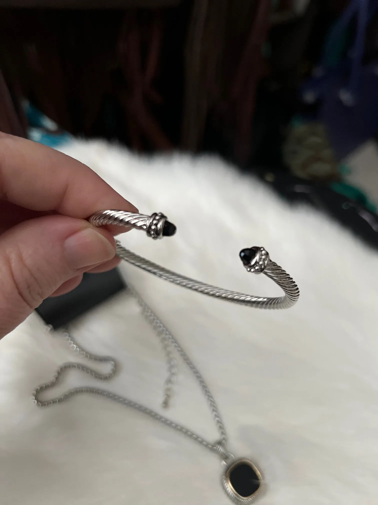 Silver Turquoise/Black & Rope Thin Cuff Bracelet